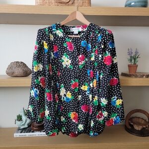 100% Silk Vintage Polka Dot floral Button Up Shirt